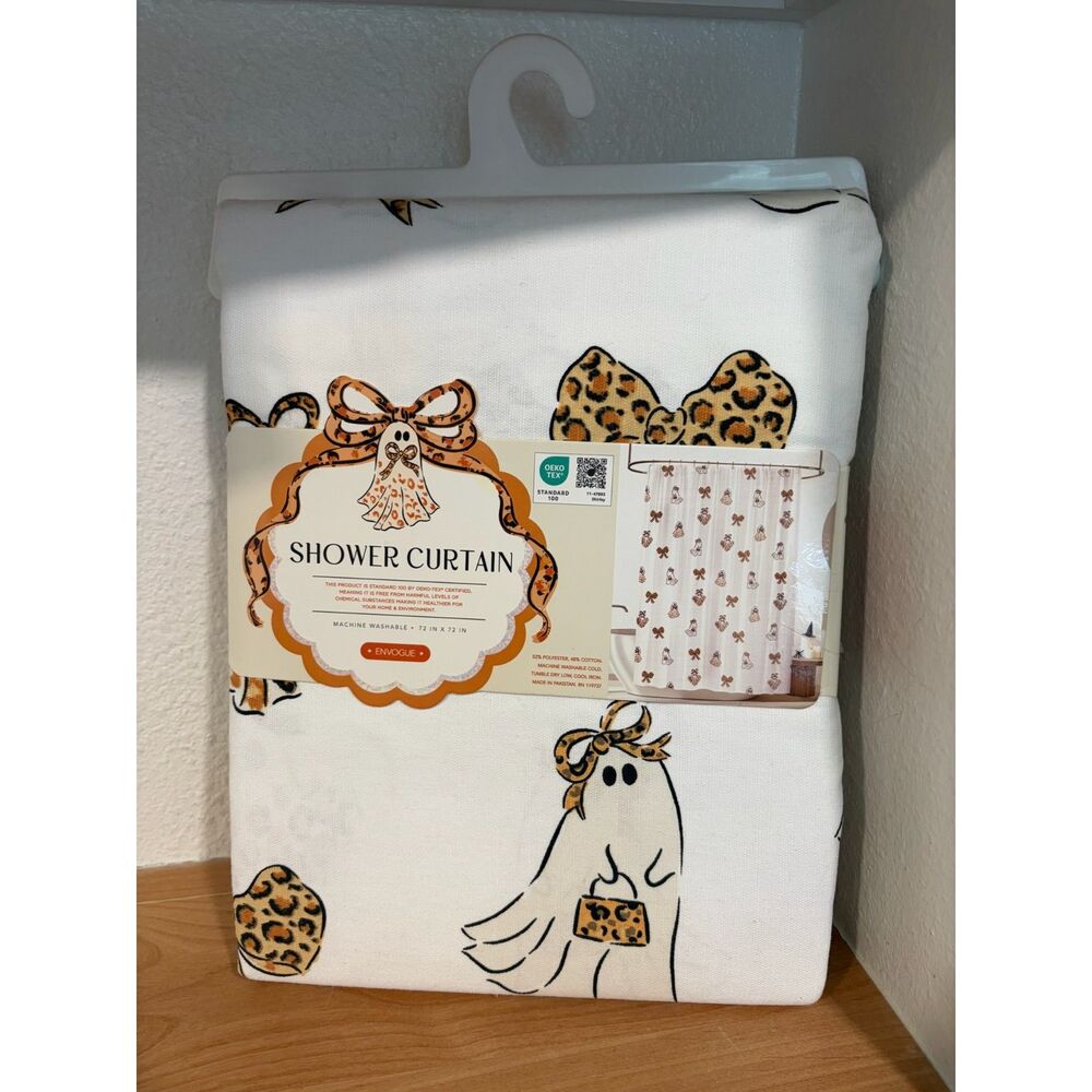 Envogue Halloween Ghost Leopard Print Bow Shower Curtain 72x72 NWT